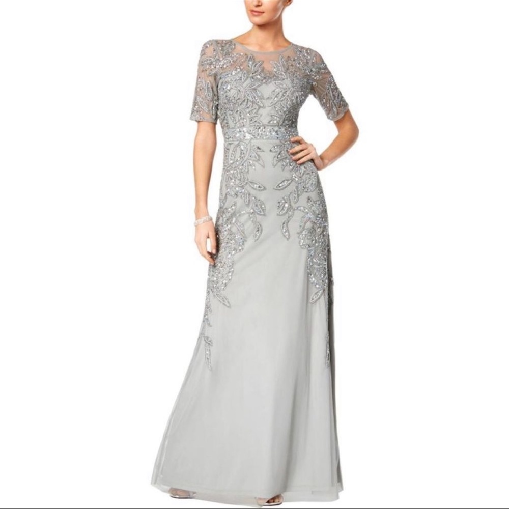 Adrianna Papell Silver Gray Embellished Maxi Dress